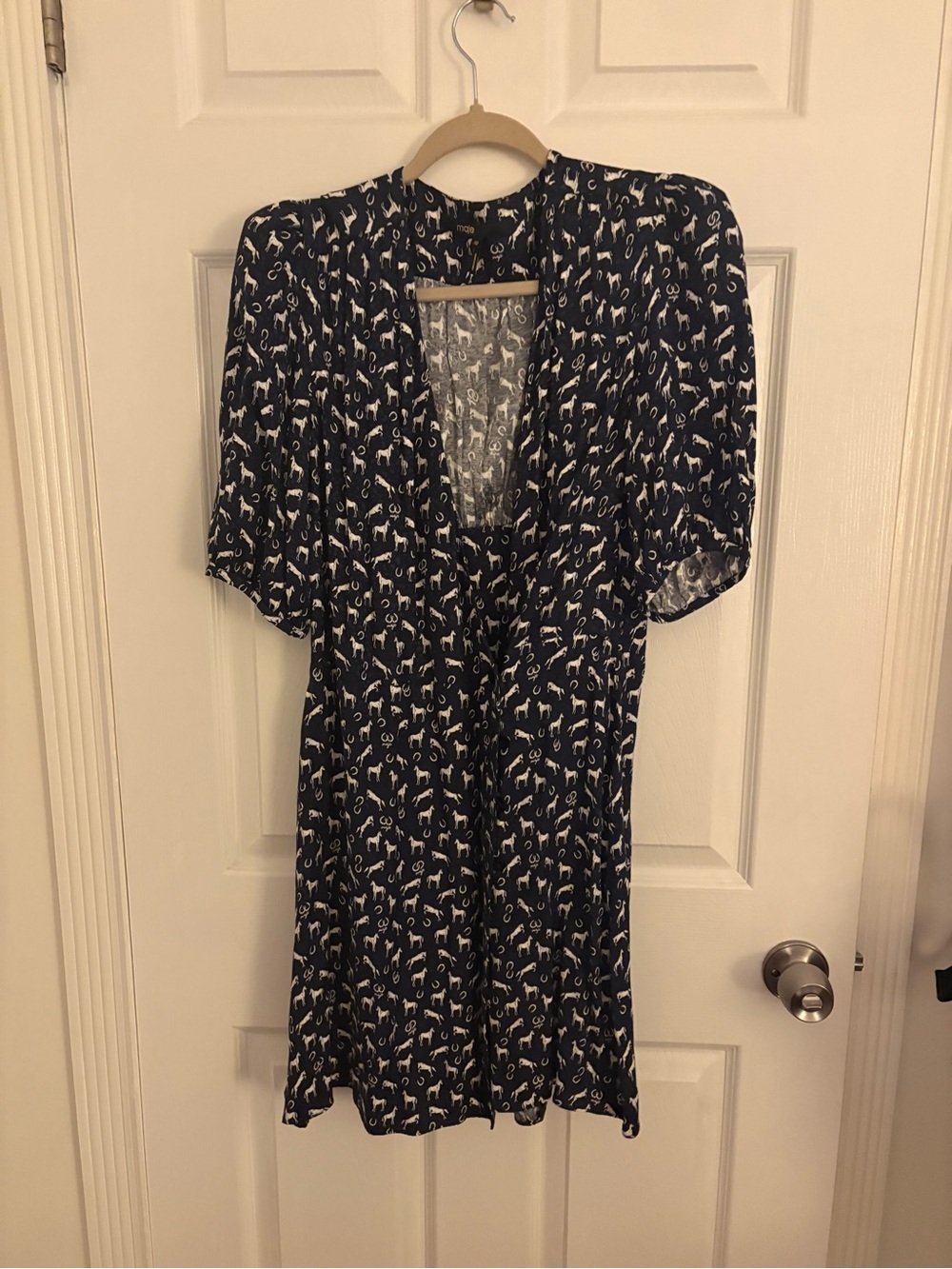 Maje Navy Floral Print V-Neck Short Sleeve Dress